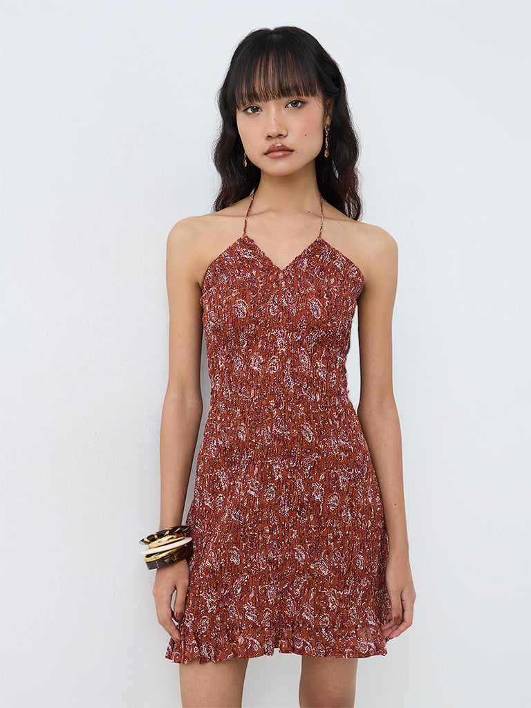 Bombay Paisley Rust Floral Printed Smocked Cotton A-Line Mini Dress