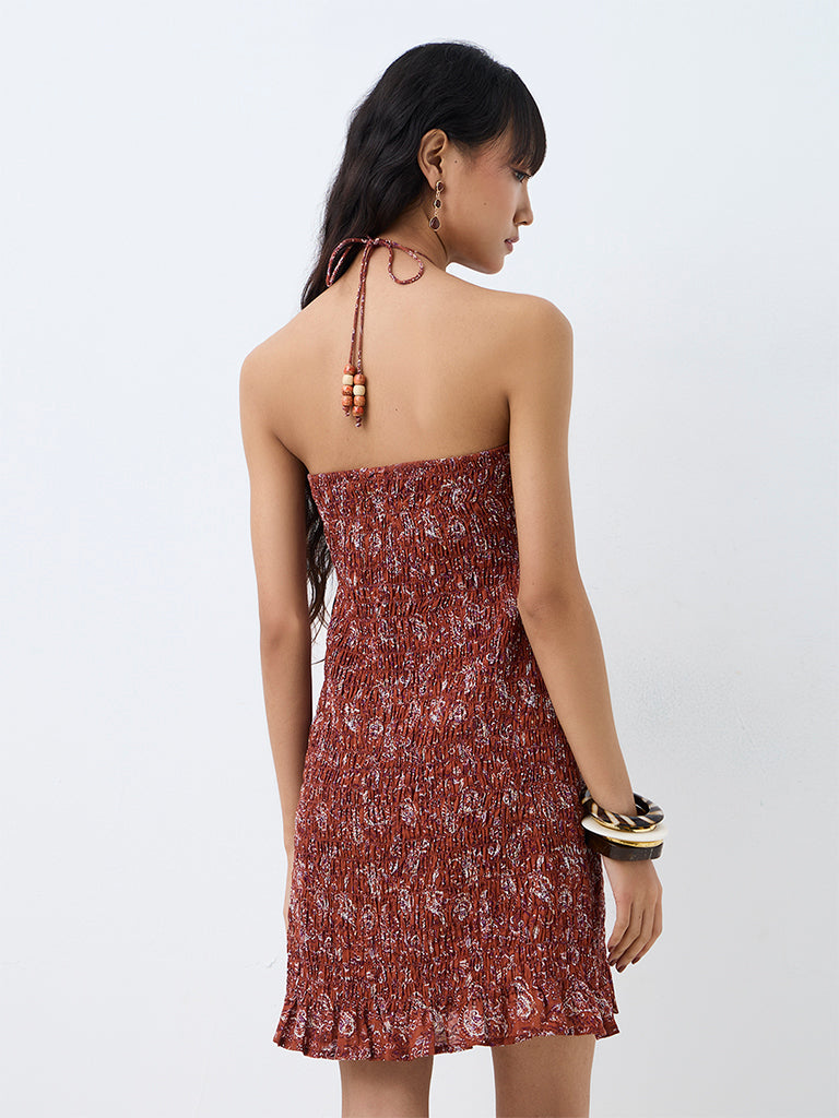 Bombay Paisley Rust Floral Printed Smocked Cotton A-Line Mini Dress