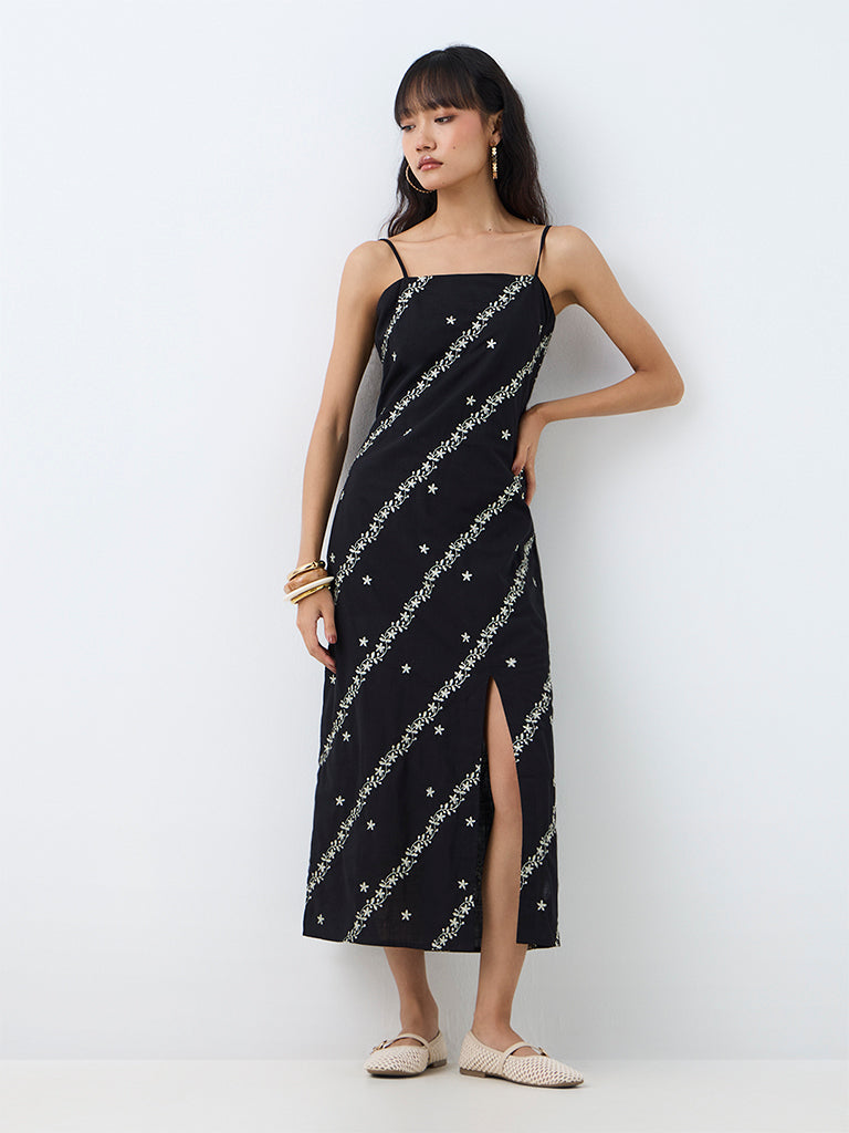 Bombay Paisley Black Floral Embroidered Cotton Straight Dress