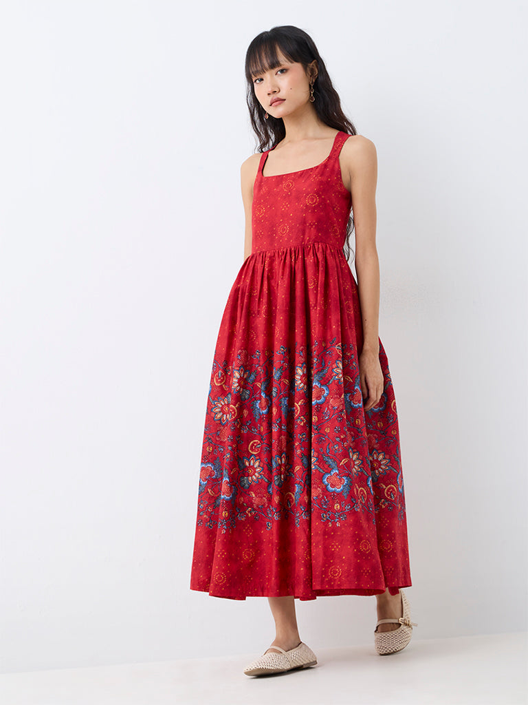 Bombay Paisley Red Floral Printed Fit-and-Flare Dress