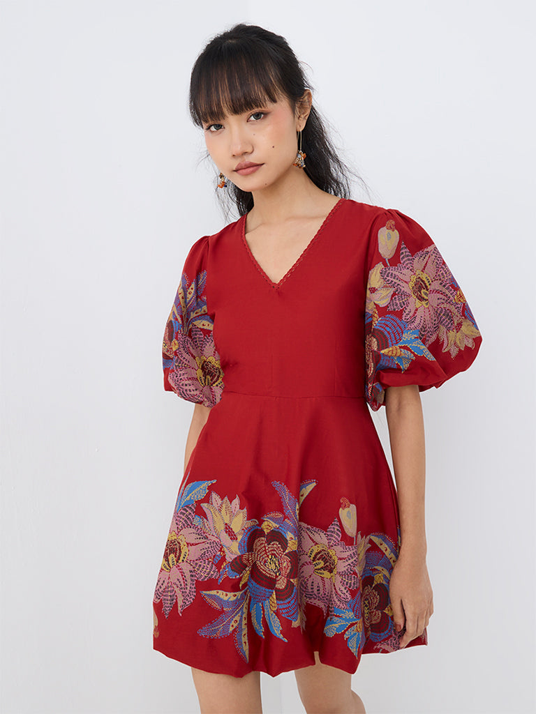Bombay Paisley Red Floral Printed Cotton Mini Bubble Dress