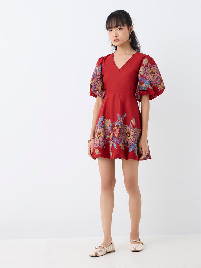 Bombay Paisley Red Floral Printed Cotton Mini Bubble Dress