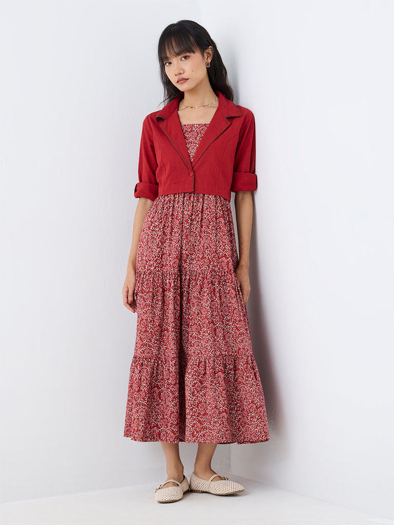 Bombay Paisley Red Floral Printed Cotton Tiered Dress with Jacket