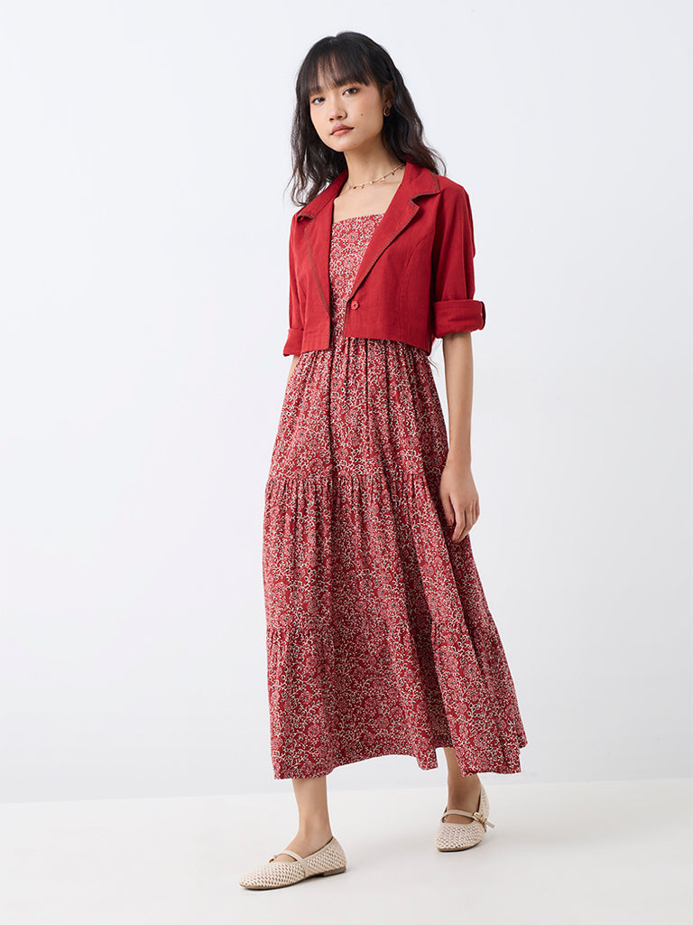 Bombay Paisley Red Floral Printed Cotton Tiered Dress with Jacket