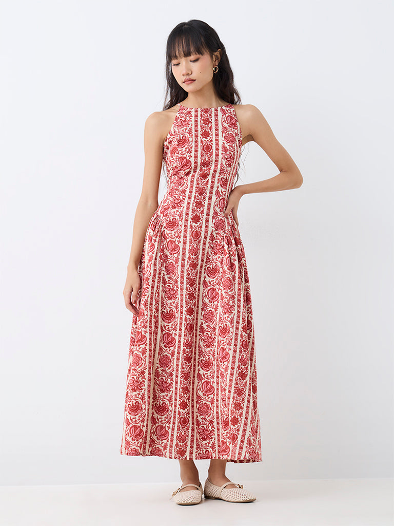 Bombay Paisley Red Floral Printed Cotton Fit-and-Flare Dress