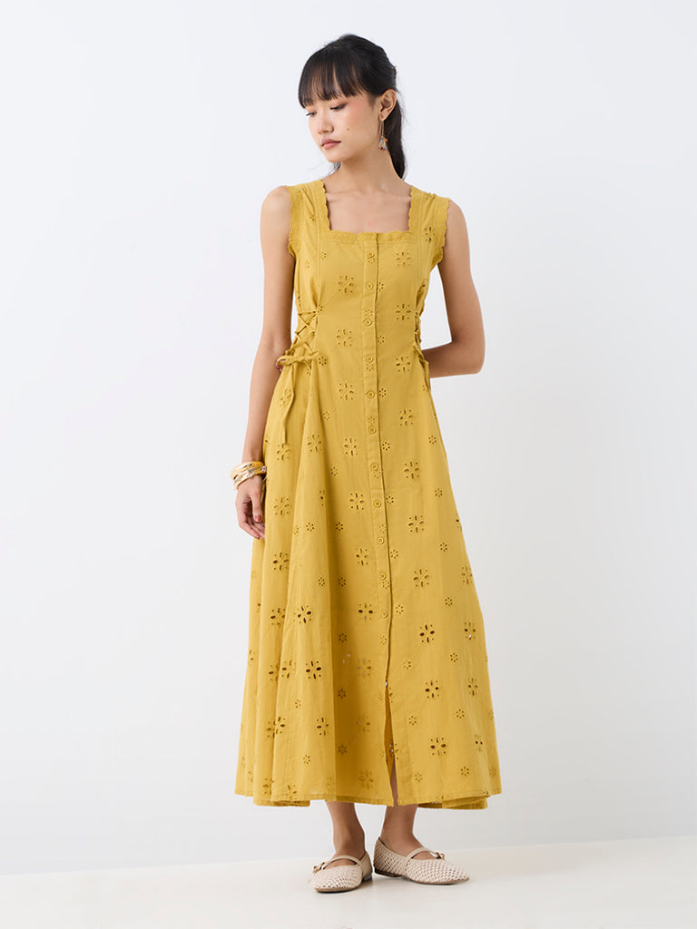 Bombay Paisley Mustard Schiffli Embroidered Cotton A-Line Dress