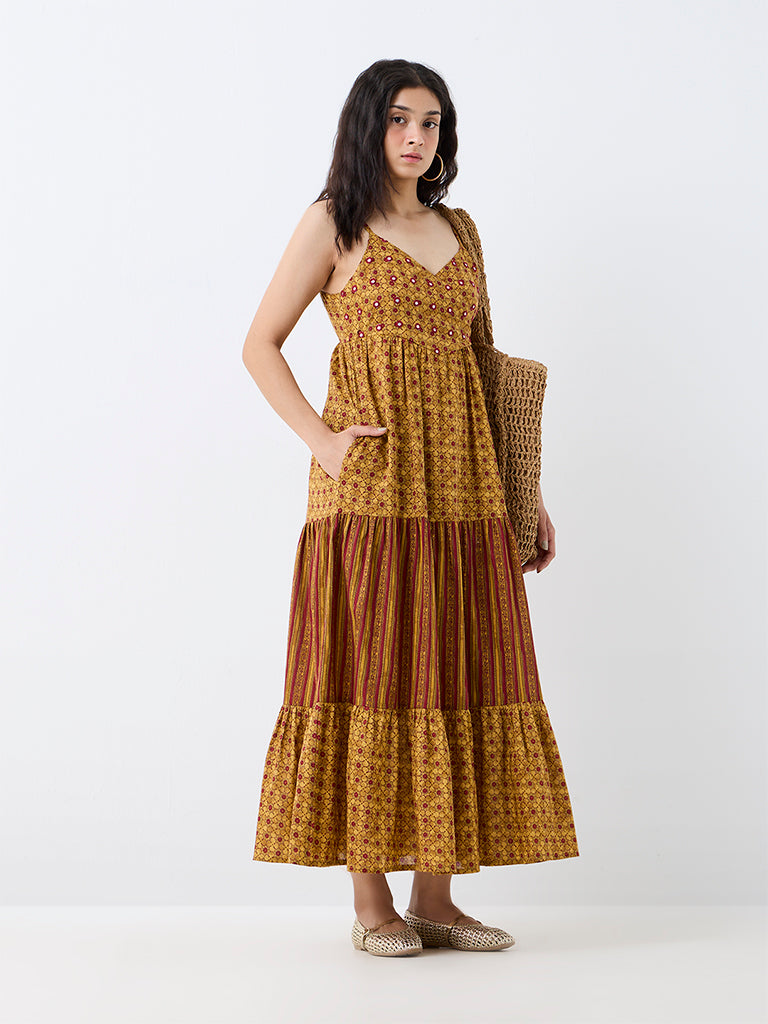Bombay Paisley Mustard Floral Printed Cotton Tiered Dress