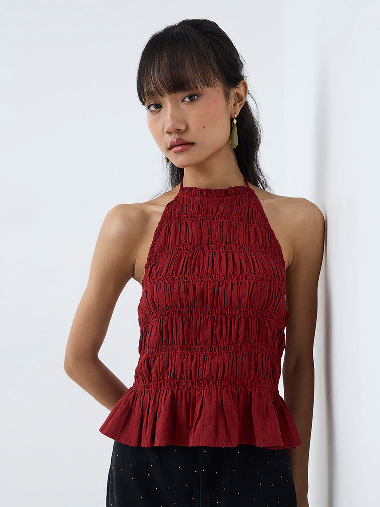 Bombay Paisley Red Smocked Peplum Cotton-Blend Top