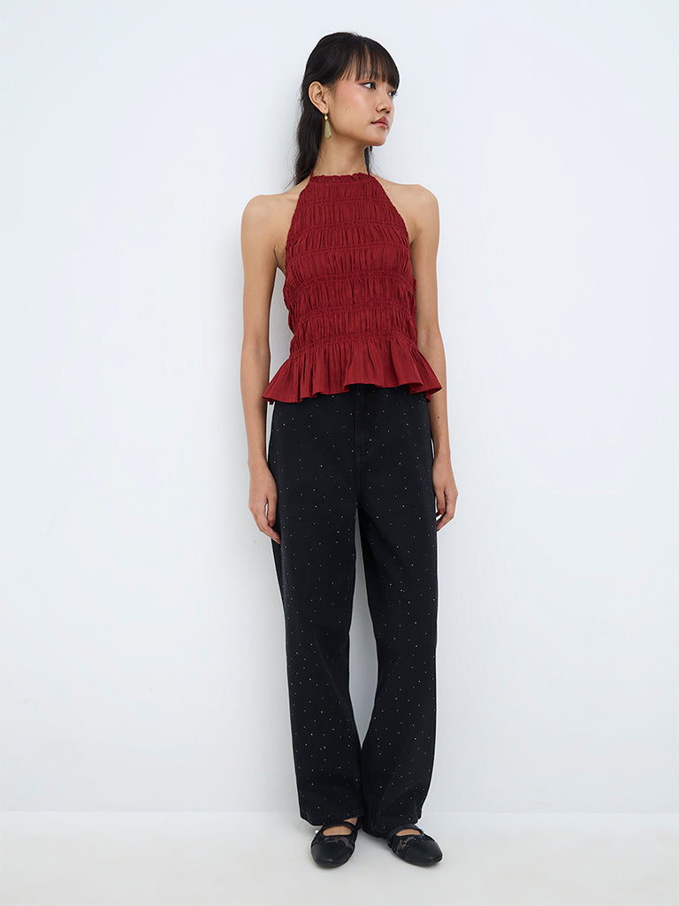 Bombay Paisley Red Smocked Peplum Cotton-Blend Top