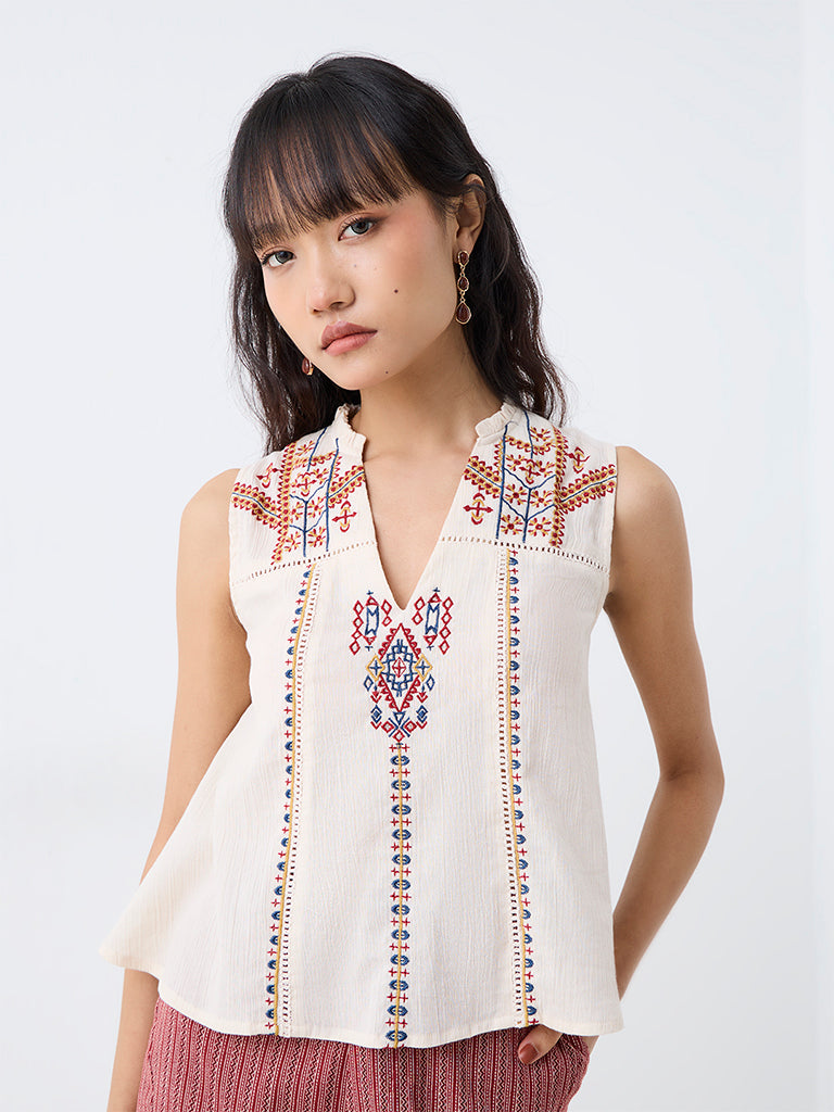 Bombay Paisley Off-White Geometric Embroidered Cotton Top