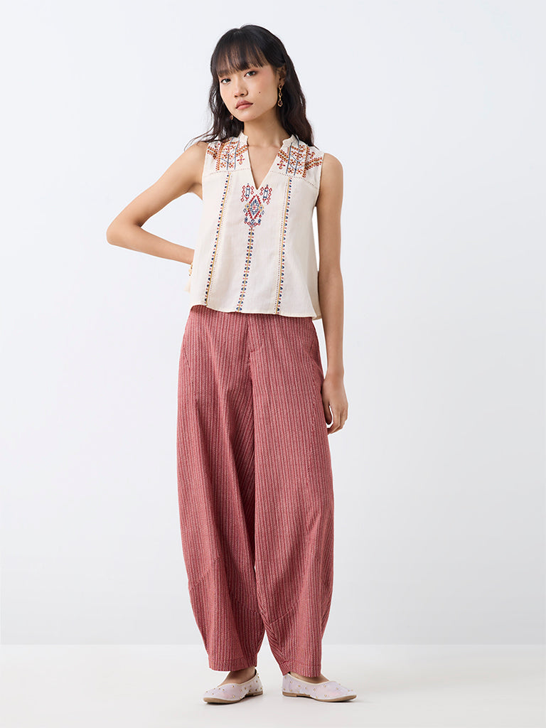 Bombay Paisley Off-White Geometric Embroidered Cotton Top