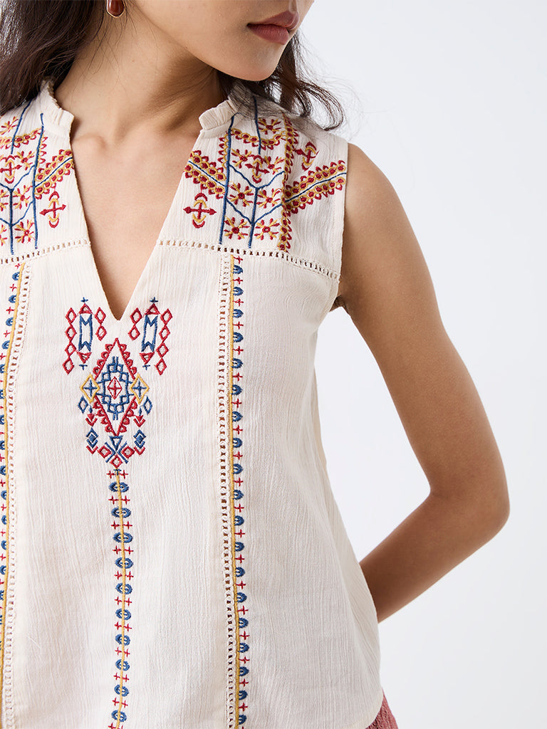 Bombay Paisley Off-White Geometric Embroidered Cotton Top