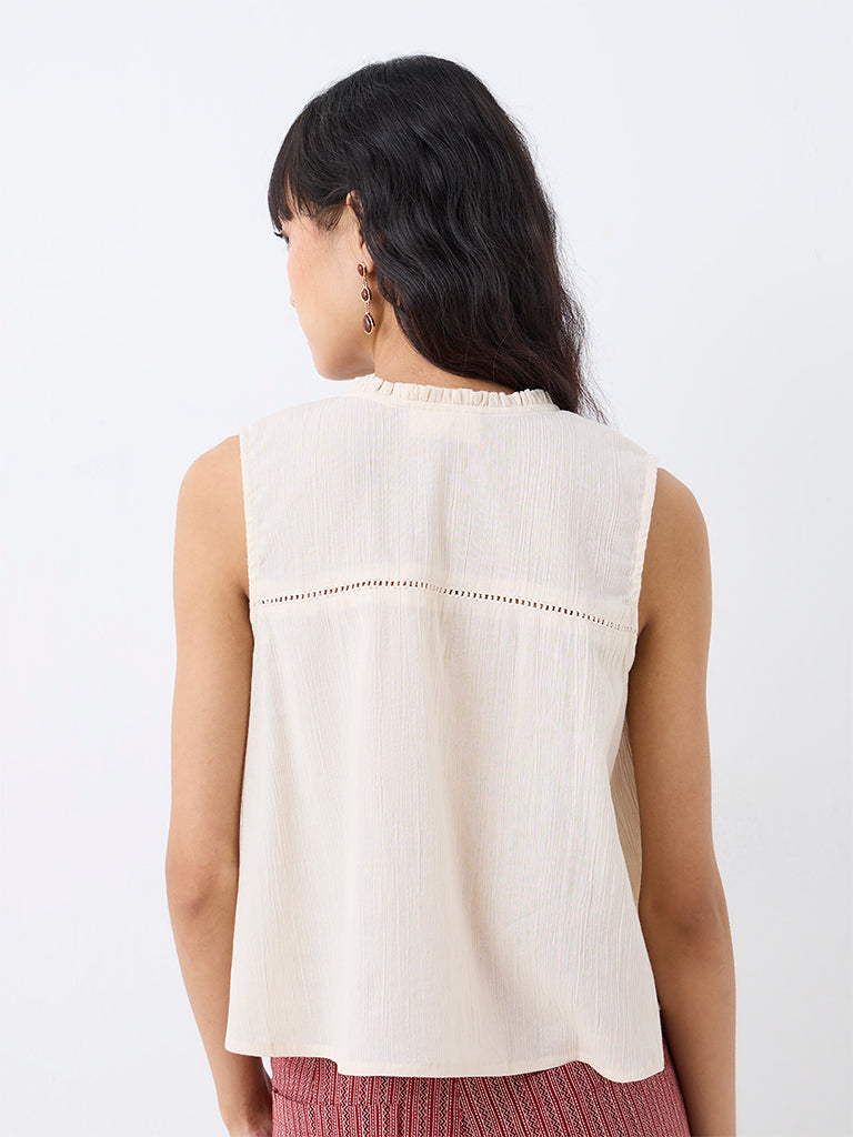 Bombay Paisley Off-White Geometric Embroidered Cotton Top