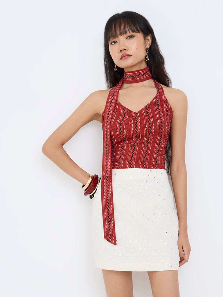 Bombay Paisley Red Printed Scarf Detail Top