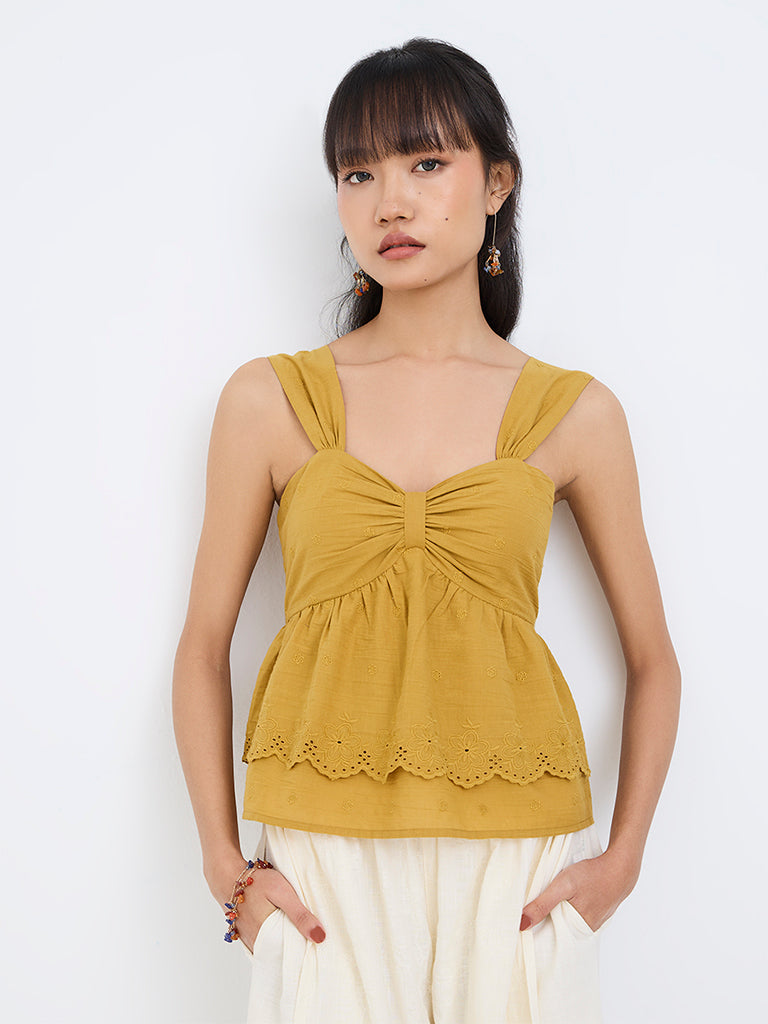 Bombay Paisley Mustard Schiffli Embroidered Cotton Top