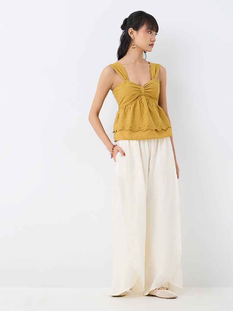 Bombay Paisley Mustard Schiffli Embroidered Cotton Top