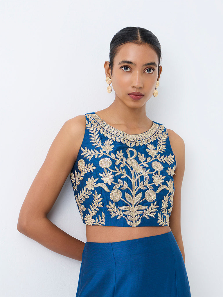 Vark Indigo Botanical Embroidered Crop Top