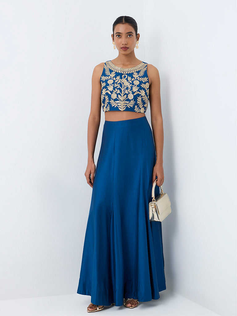 Vark Indigo Botanical Embroidered Crop Top