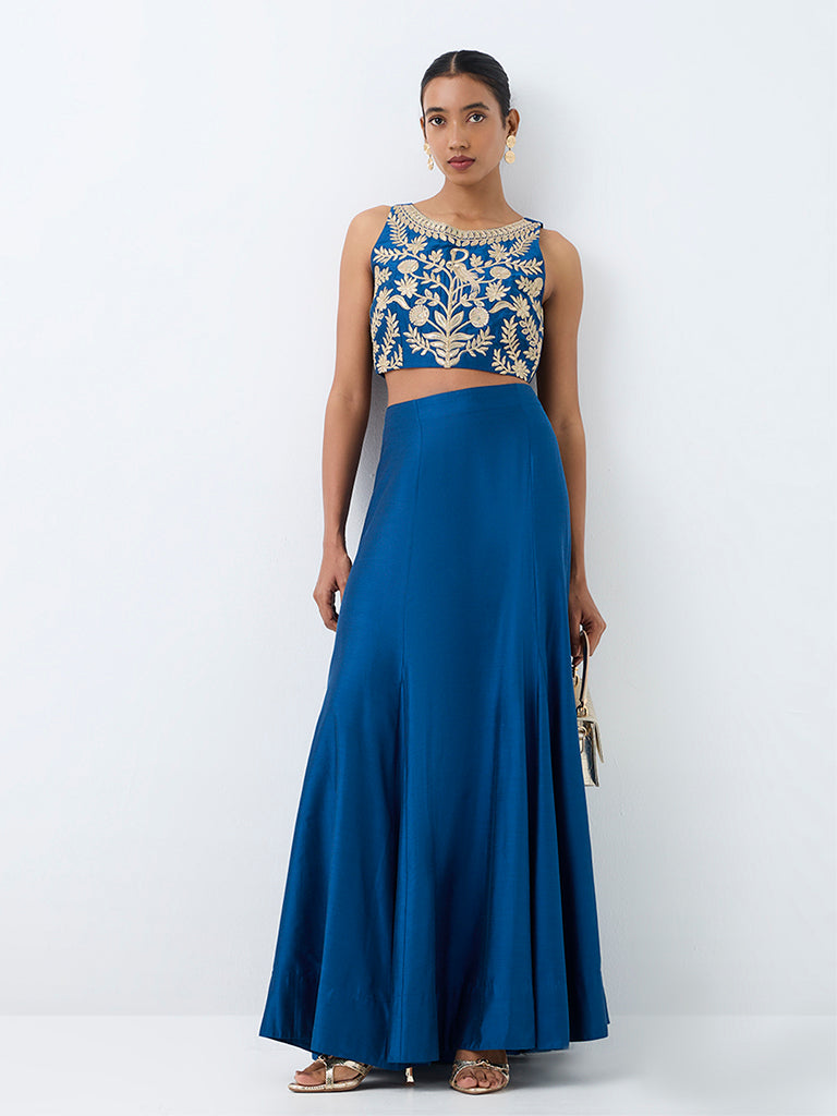 Vark Indigo Solid Flared Maxi Skirt