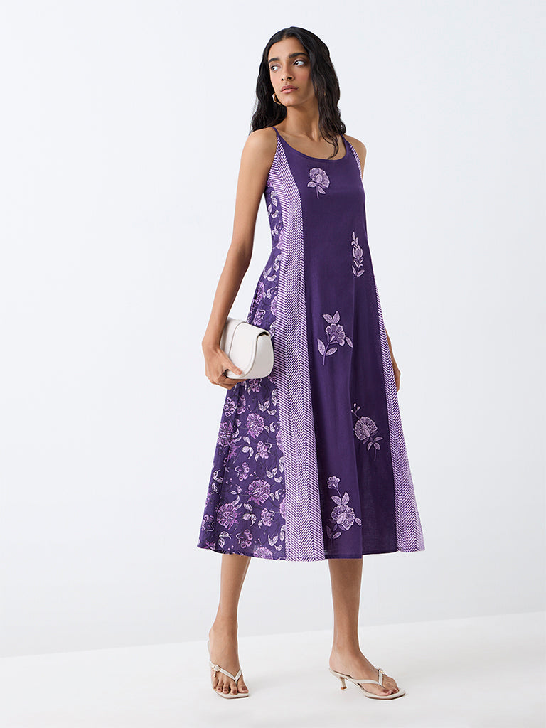 Utsa Purple Floral Embroidered Cotton A-Line Dress