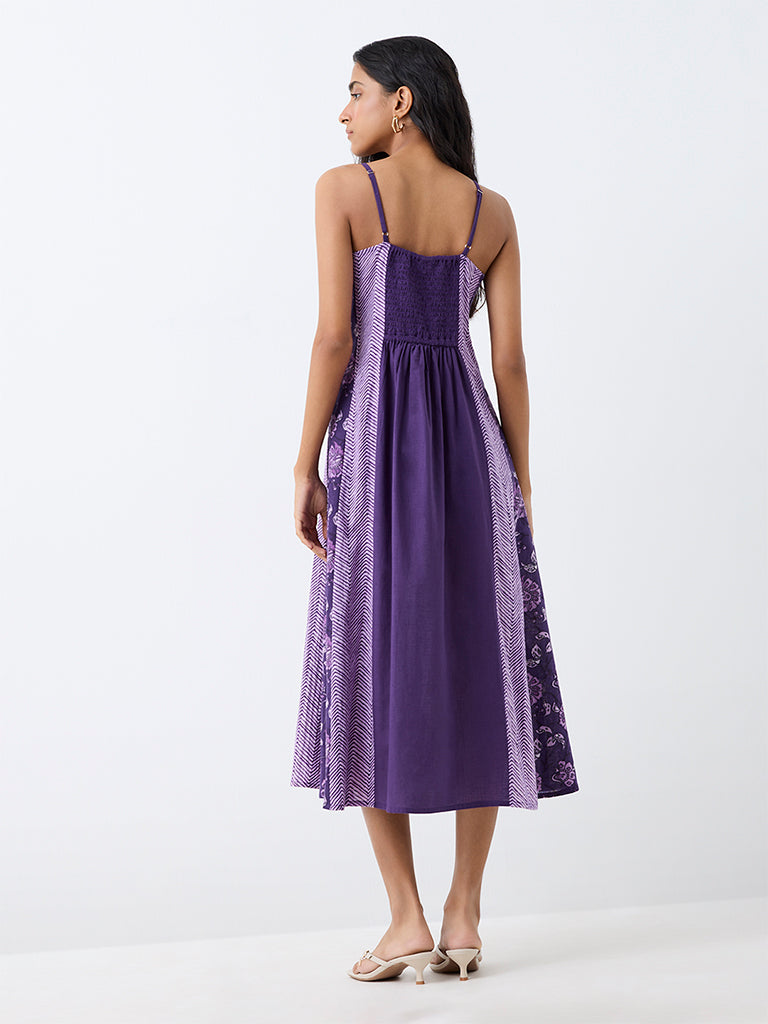 Utsa Purple Floral Embroidered Cotton A-Line Dress