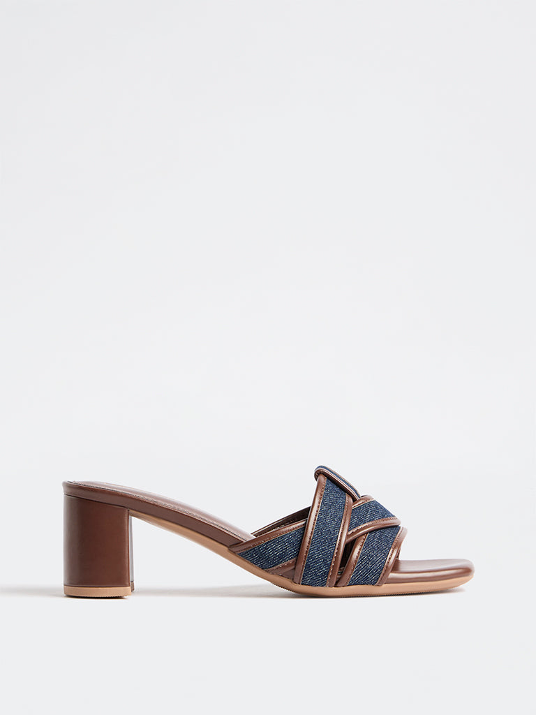 LUNA BLU Dark Blue Multi-Strap Denim Block Heel Sandals