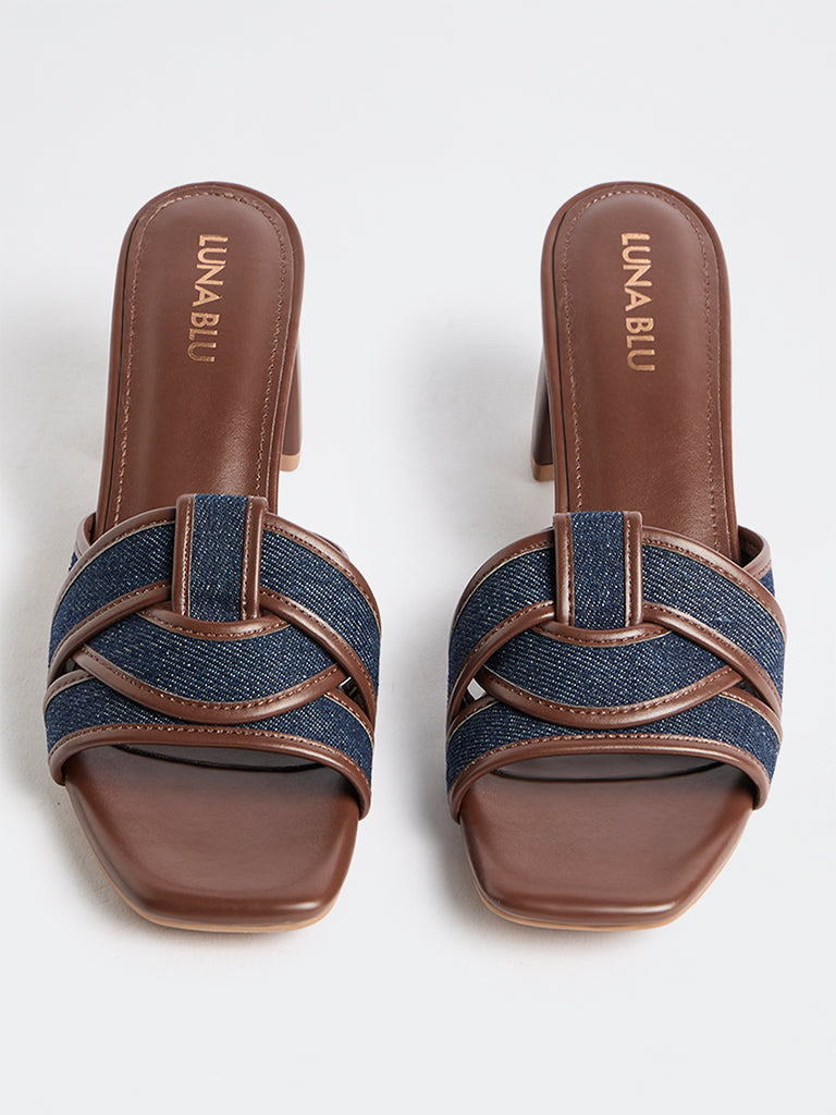 LUNA BLU Dark Blue Multi-Strap Denim Block Heel Sandals
