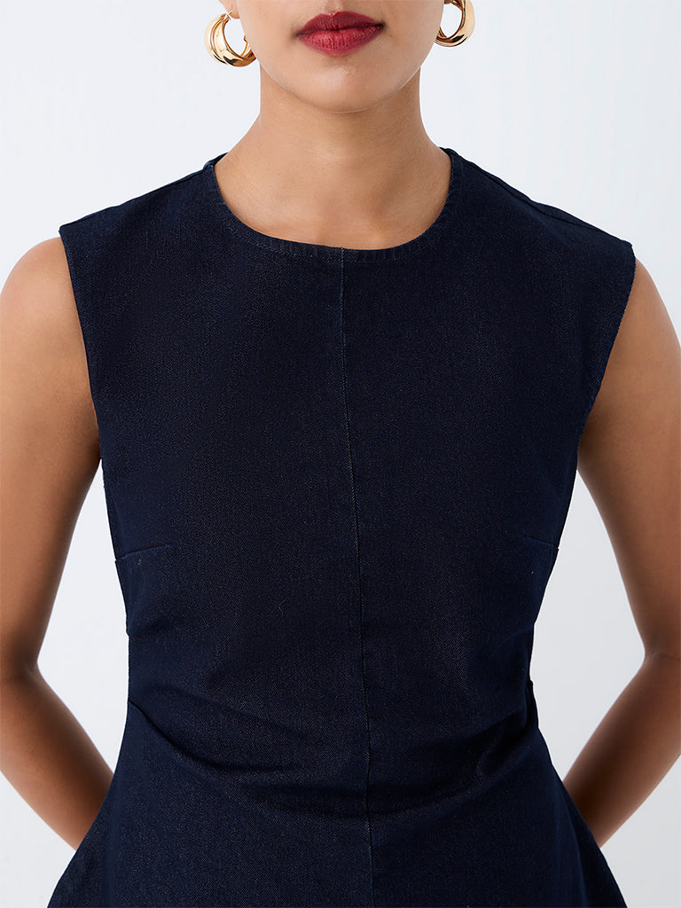 Wardrobe Navy Solid Sheath Cotton-Blend Dress
