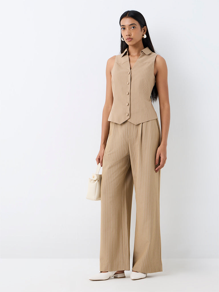 Wardrobe Beige Pinstriped High-Rise Trousers