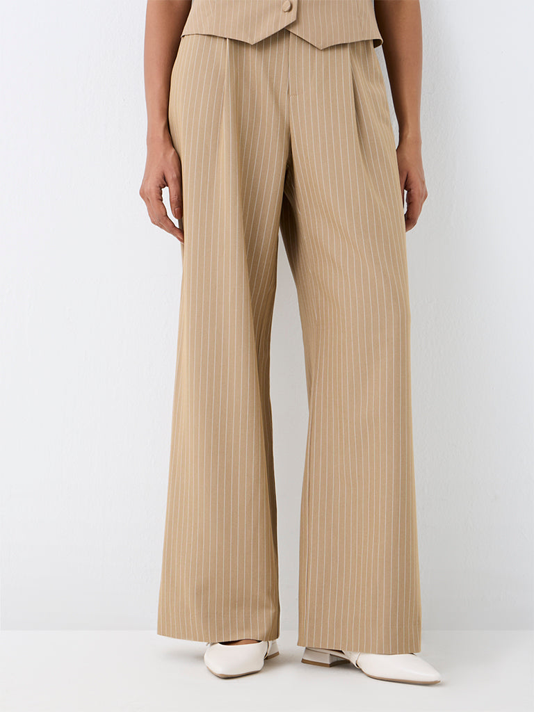Wardrobe Beige Pinstriped High-Rise Trousers