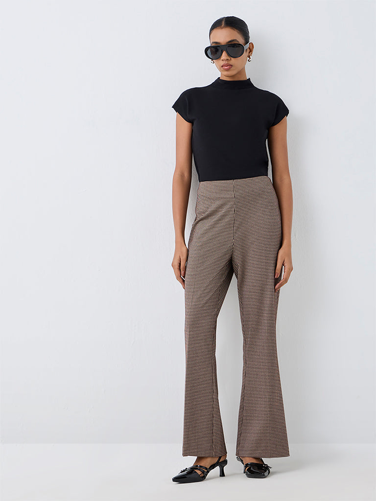 Wardrobe Dark Brown Houndstooth Flared High-Rise Trousers
