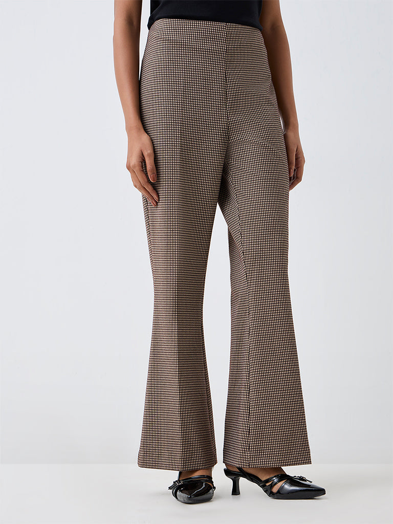 Wardrobe Dark Brown Houndstooth Flared High-Rise Trousers