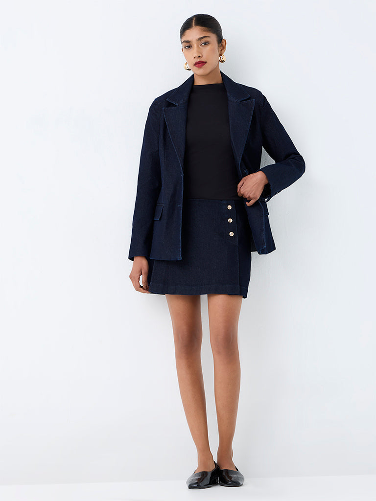 Wardrobe Navy Button-Detail High-Rise Denim Skorts