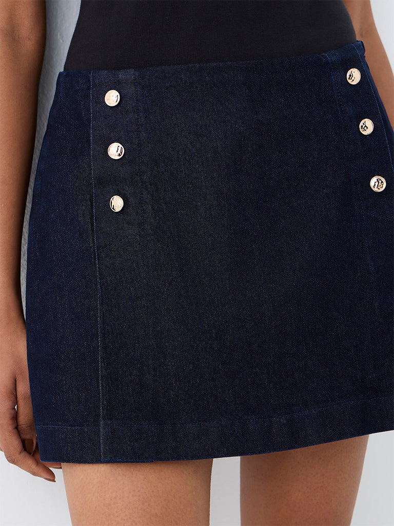 Wardrobe Navy Button-Detail High-Rise Denim Skorts
