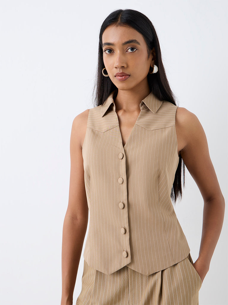 Wardrobe Beige Pinstriped Waistcoat