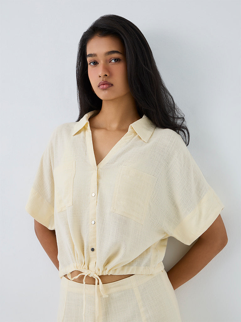 LOV Light Yellow Drawstring-Detail Linen-Blend Blouse