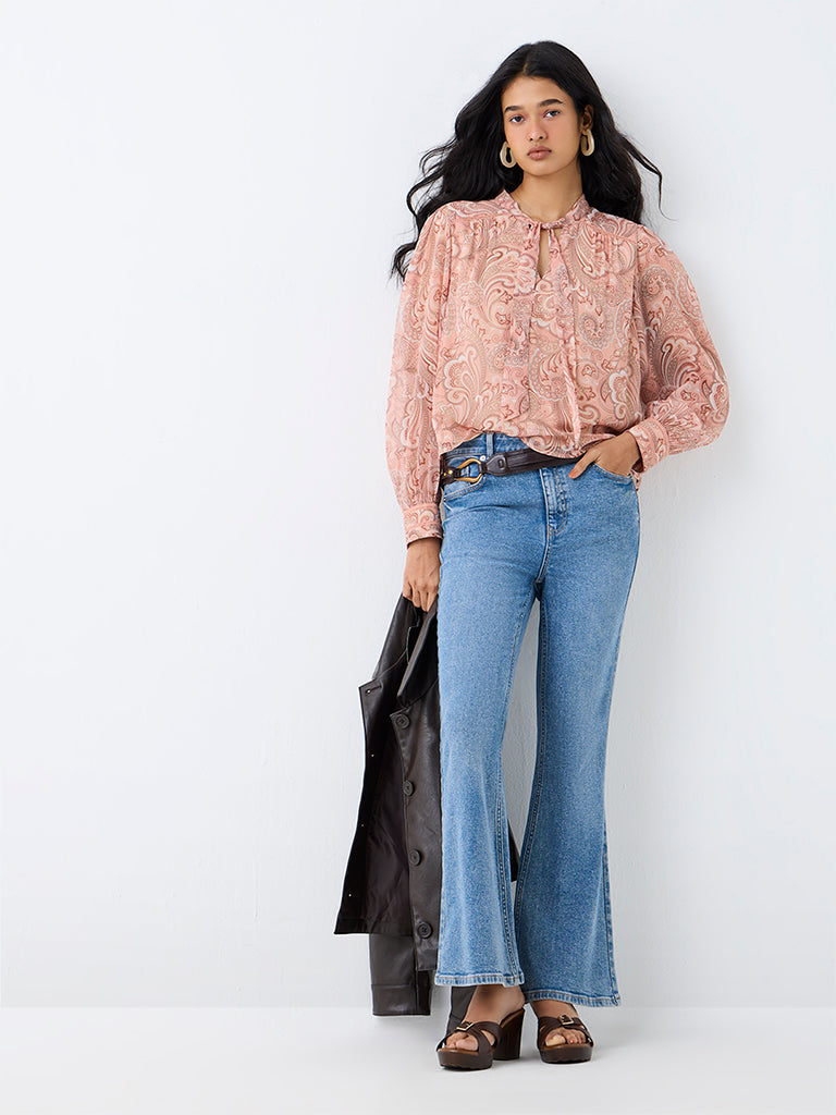 LOV Peach Paisley Printed Tie-Up Detail Blouse