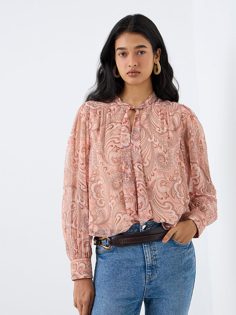 LOV Peach Paisley Printed Tie-Up Detail Blouse