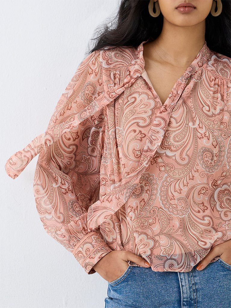 LOV Peach Paisley Printed Tie-Up Detail Blouse