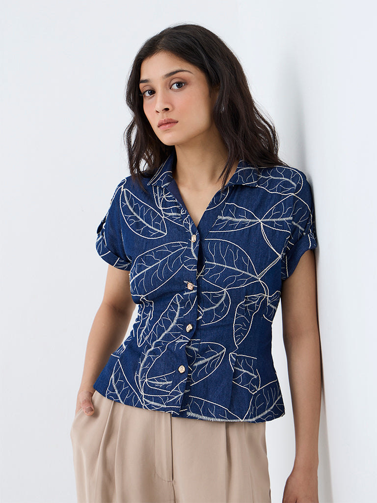 LOV Dark Blue Botanical Embroidered Cotton Shirt