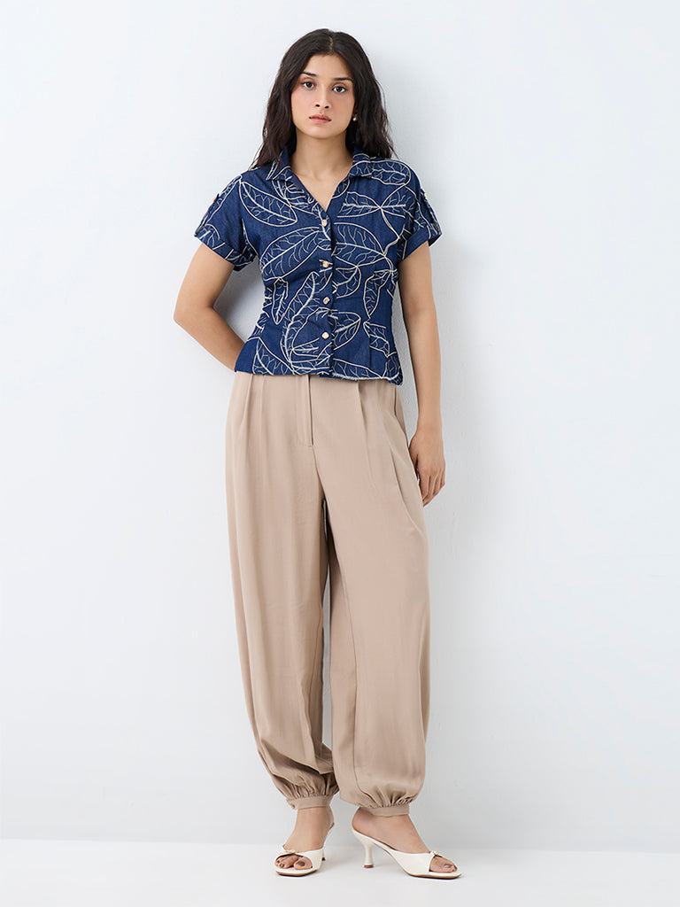 LOV Dark Blue Botanical Embroidered Cotton Shirt