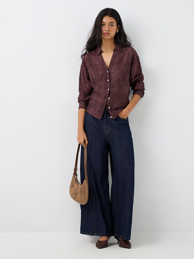 LOV Dark Brown Floral Jacquard Shirt
