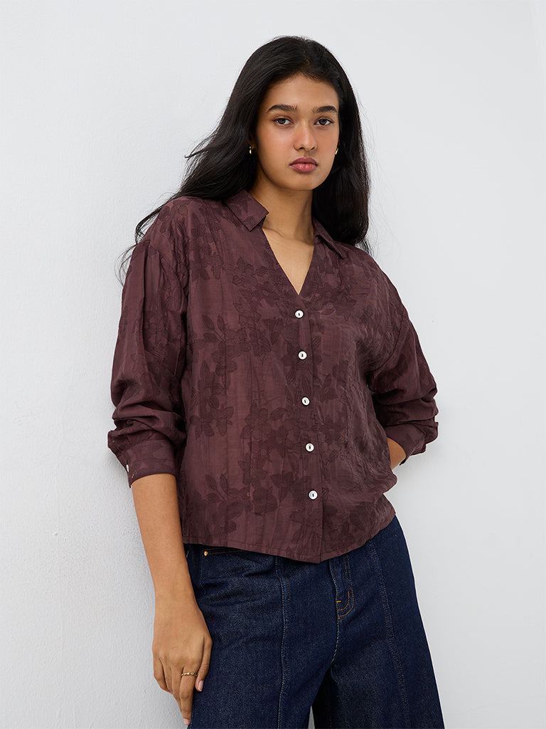 LOV Dark Brown Floral Jacquard Shirt
