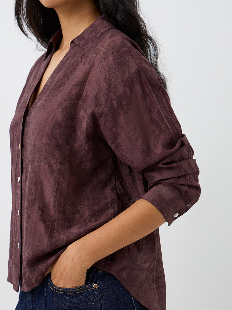 LOV Dark Brown Floral Jacquard Shirt