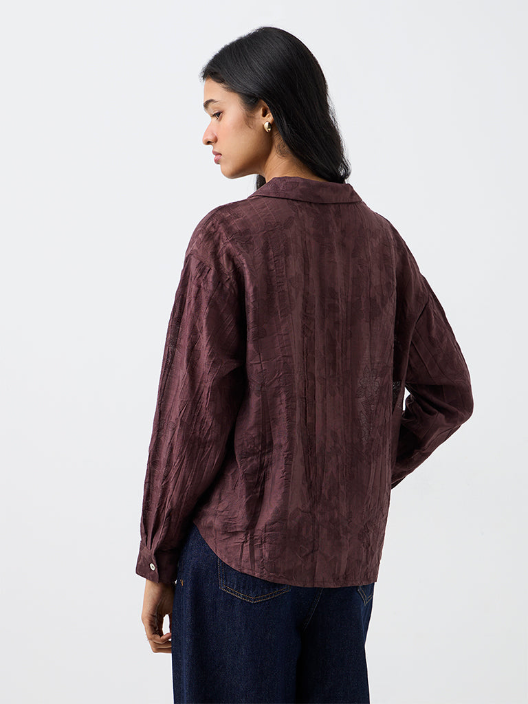 LOV Dark Brown Floral Jacquard Shirt