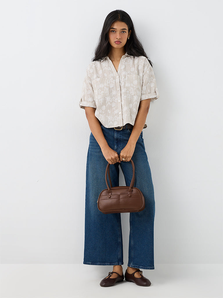 LOV Light Taupe Floral Embroidered Cotton-Blend Shirt