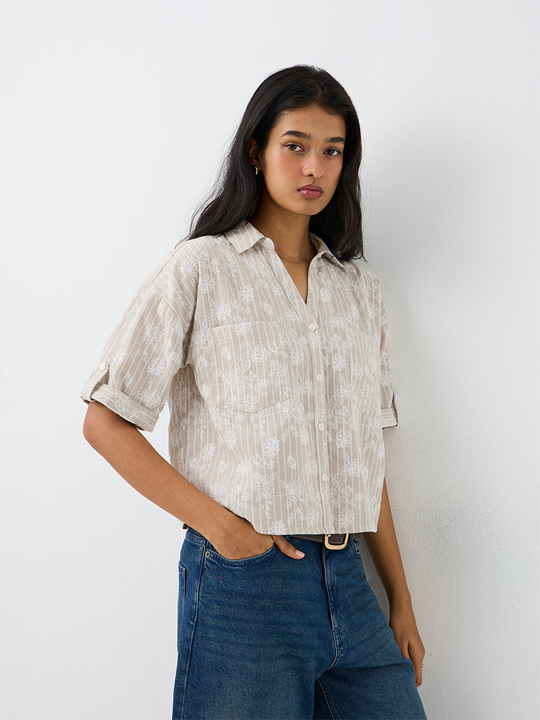 LOV Light Taupe Floral Embroidered Cotton-Blend Shirt