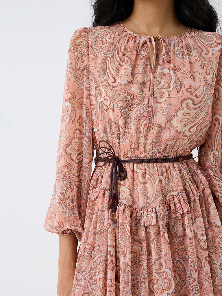 LOV Peach Paisley Printed Fit-and-Flare Dress with Belt