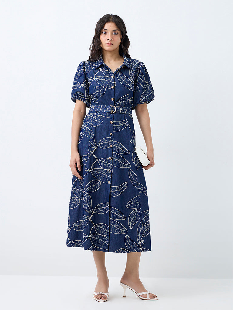 LOV Dark Blue Foliage Embroidered Cotton Shirt Dress with Belt