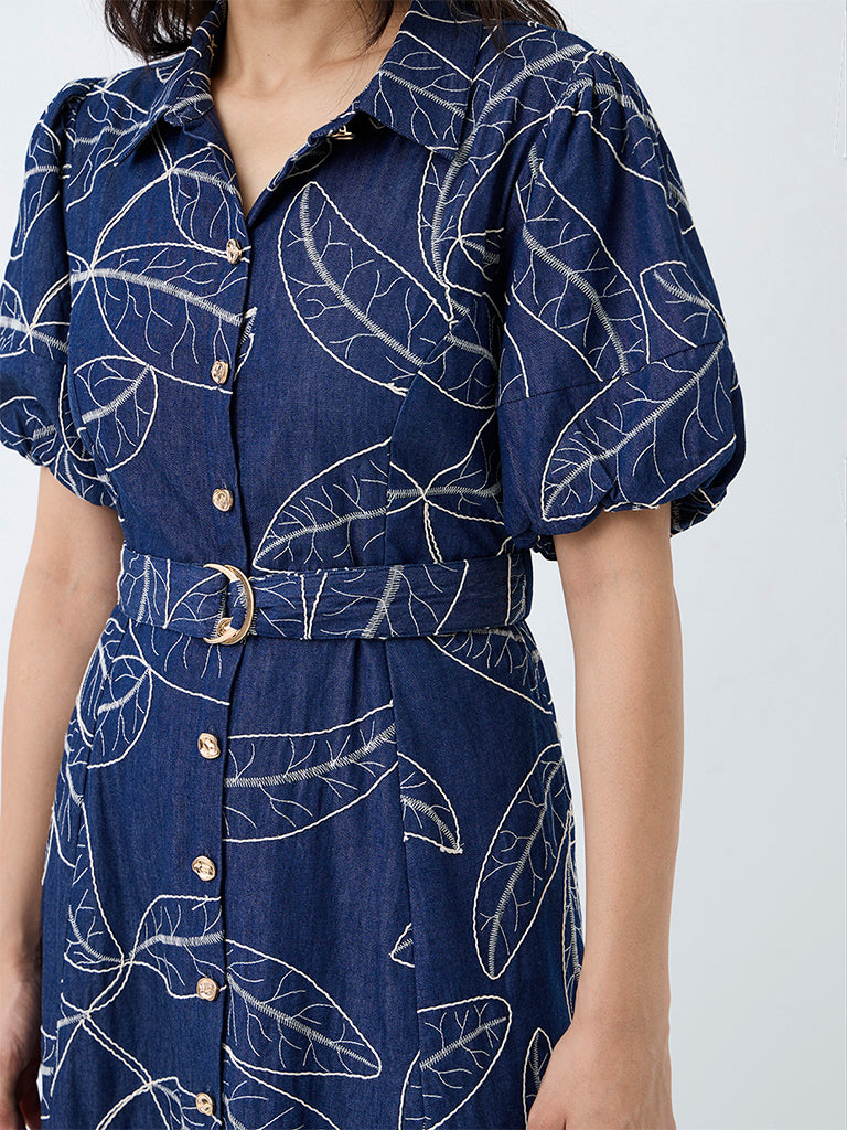 LOV Dark Blue Foliage Embroidered Cotton Shirt Dress with Belt